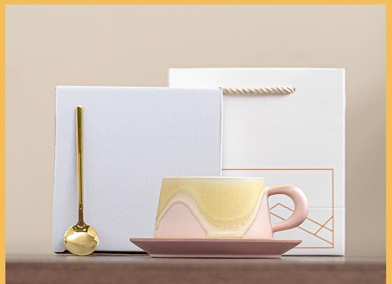 Artistic Ceramic Coffee Cup & Saucer Set with Spoon - Gradient Glaze - Pink