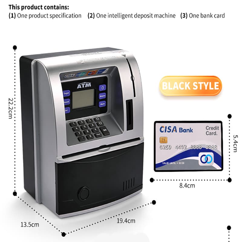 Black Digital ATM Savings Bank for Kids - Electronic Piggy Bank with PIN