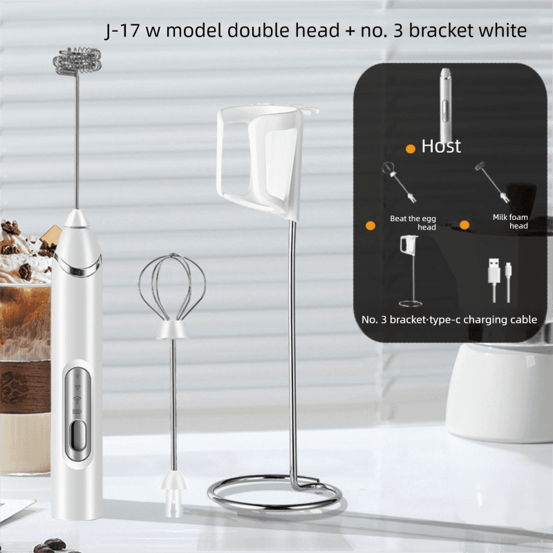 Rechargeable Electric Milk Frother with Metal Stand - Handheld Foam - White