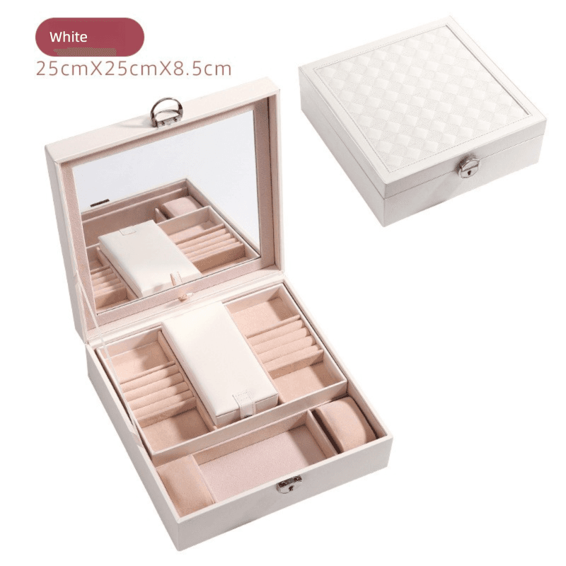 White Large PU Leather Jewelry Box with Mirror & Lock - Velvet Lined