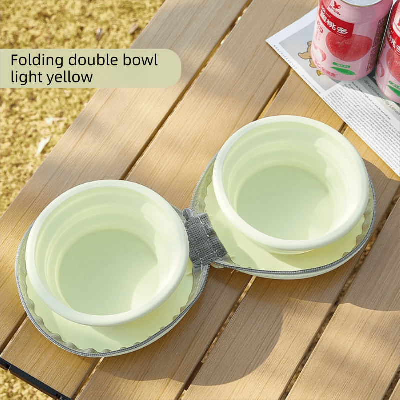 Yellow Portable Foldable Dual Bowl for Pets - Silicone Feeding and Water