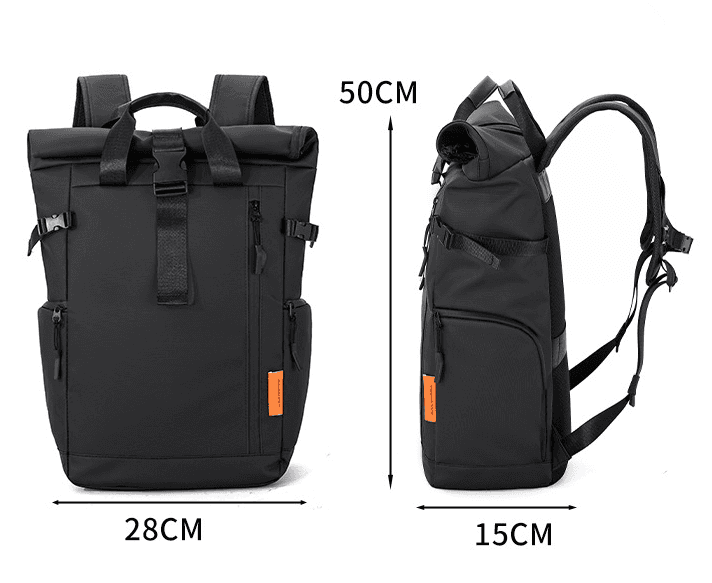 Black Urban Explorer Roll-Top Backpack - Water-Resistant Large Capacity Bag