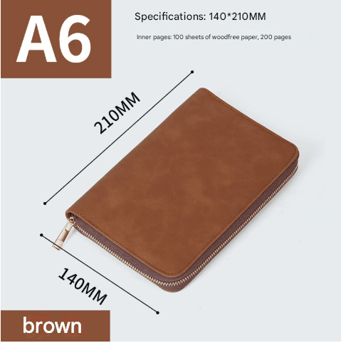 Brown A5 Zippered PU Leather Notebook - 200 Pages High-Quality Paper