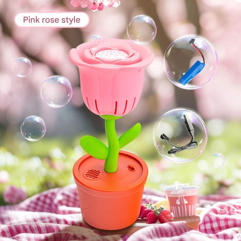Electric Flower Bubble Machine with Music - Rechargeable, 10-Hole - Pink