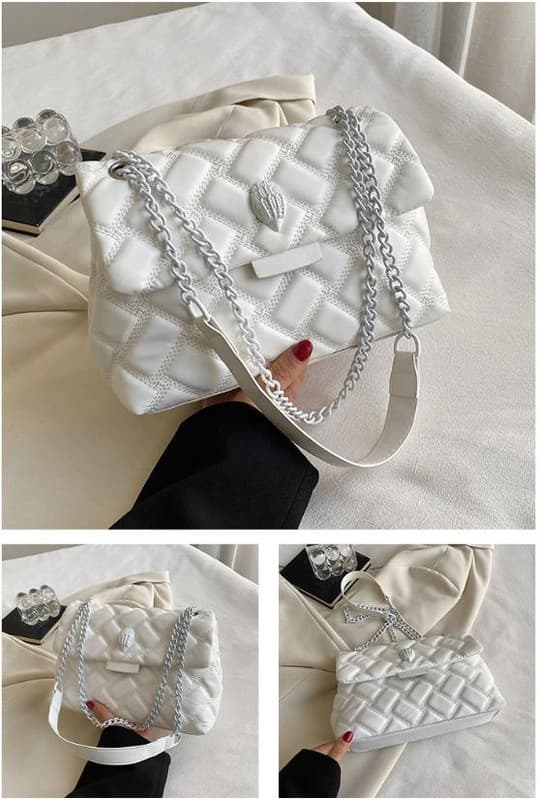 White Quilted Crossbody Bag for Women - PU Leather Diamond Pattern Chain