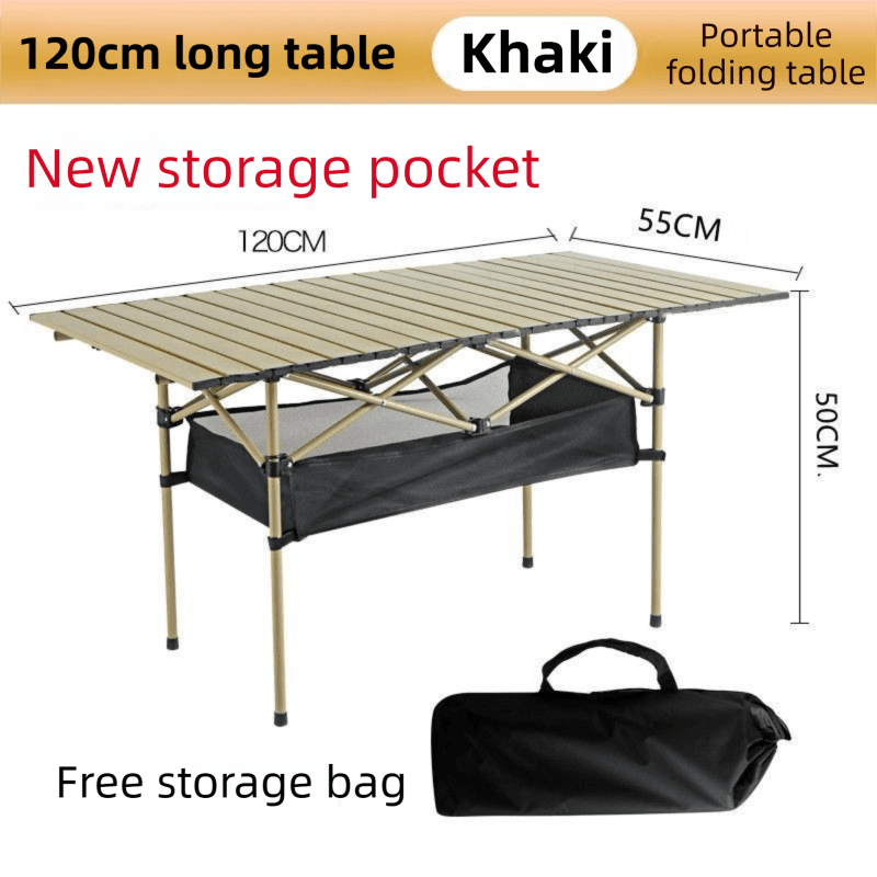 120 cm Khaki Portable Folding Egg Roll Camping Table with Storage Bag & Mesh
