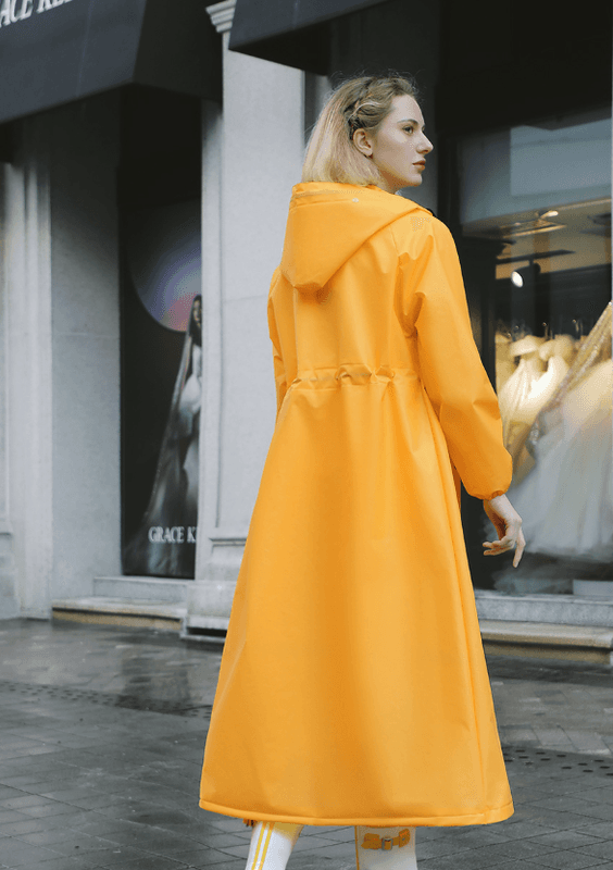 Yellow Women's Long Waterproof Raincoat with Hood and Visor - Rain - Size M