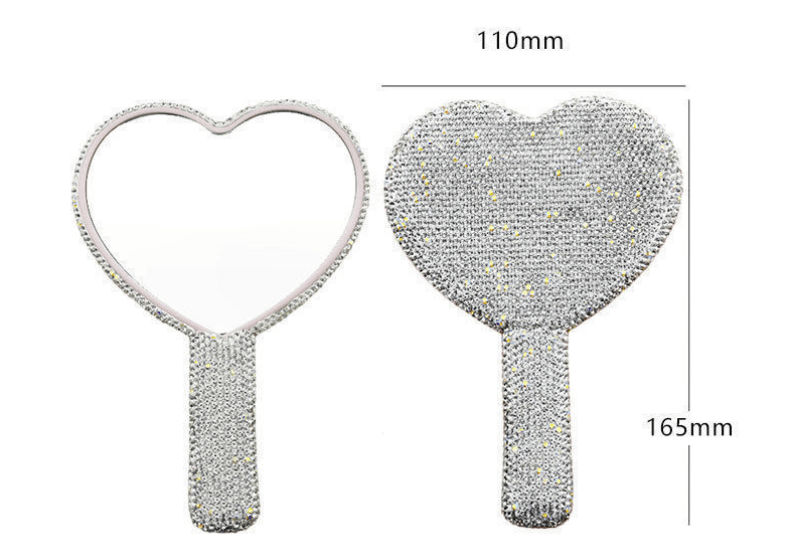 2-Piece White Glamorous Diamond-Encrusted Heart Handheld Mirror - Luxe