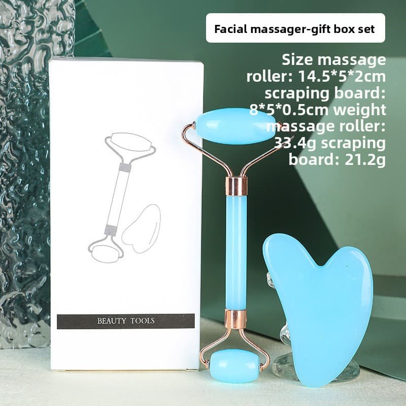 Blue Dual-Head Resin Facial Roller and Heart-Shaped Gua Sha Set for Home SPA