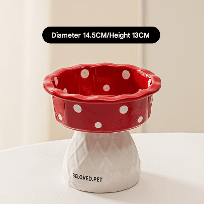 Red Mushroom Ceramic Elevated Cat Bowl - Anti-Vomiting & Spine Protecting