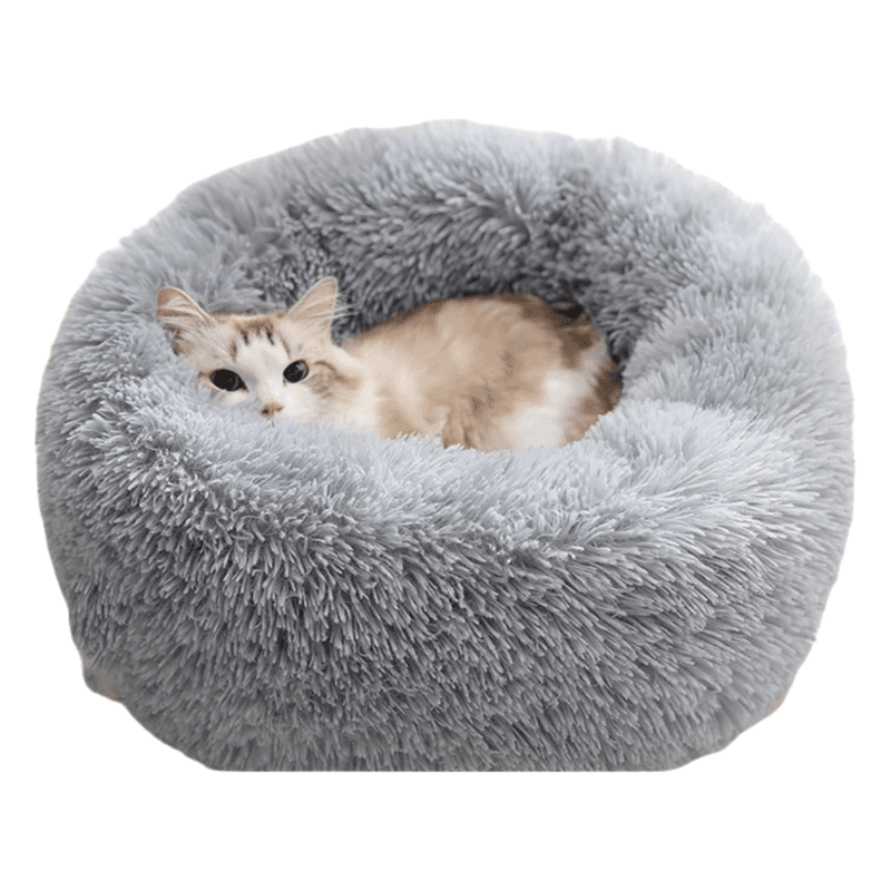 Grey Cozy Donut Long Plush Cat & Dog Calming Bed (Diameter 50 cm)