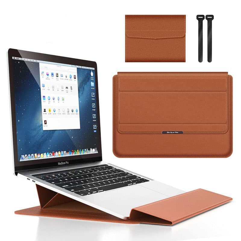 Brown 3-in-1 Laptop Sleeve with Built-In Stand & Wrist Rest