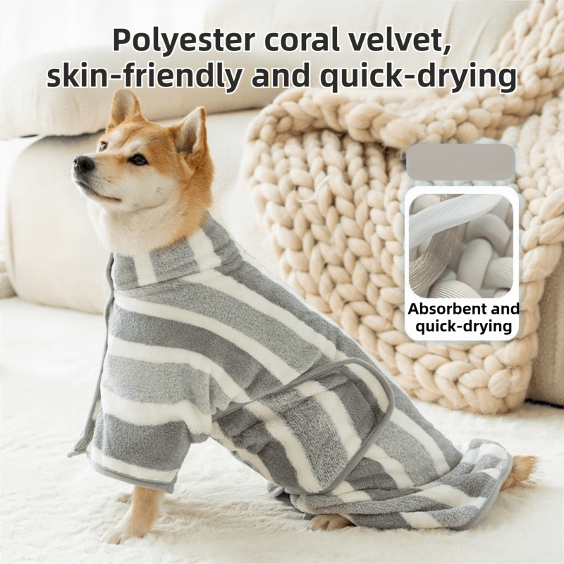 Grey Stripes Super Absorbent Pet Bathrobe with Waist Belt & Neck - XS Size