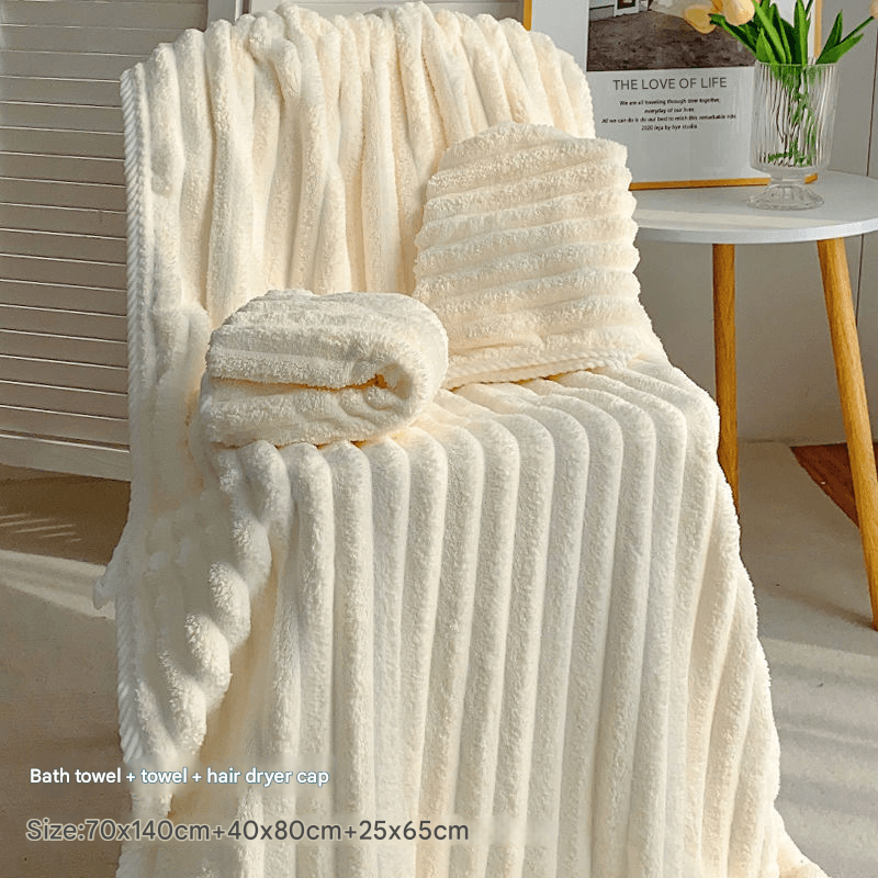 White Plush Ribbed Coral Fleece 3-Piece Towel Set - Ultra Soft & Absorbent