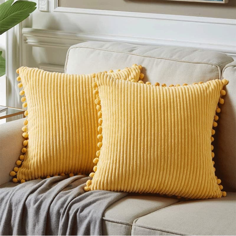 Yellow Soft Corduroy Cushion Covers with Pom Trim - 2-Piece Set Decorative
