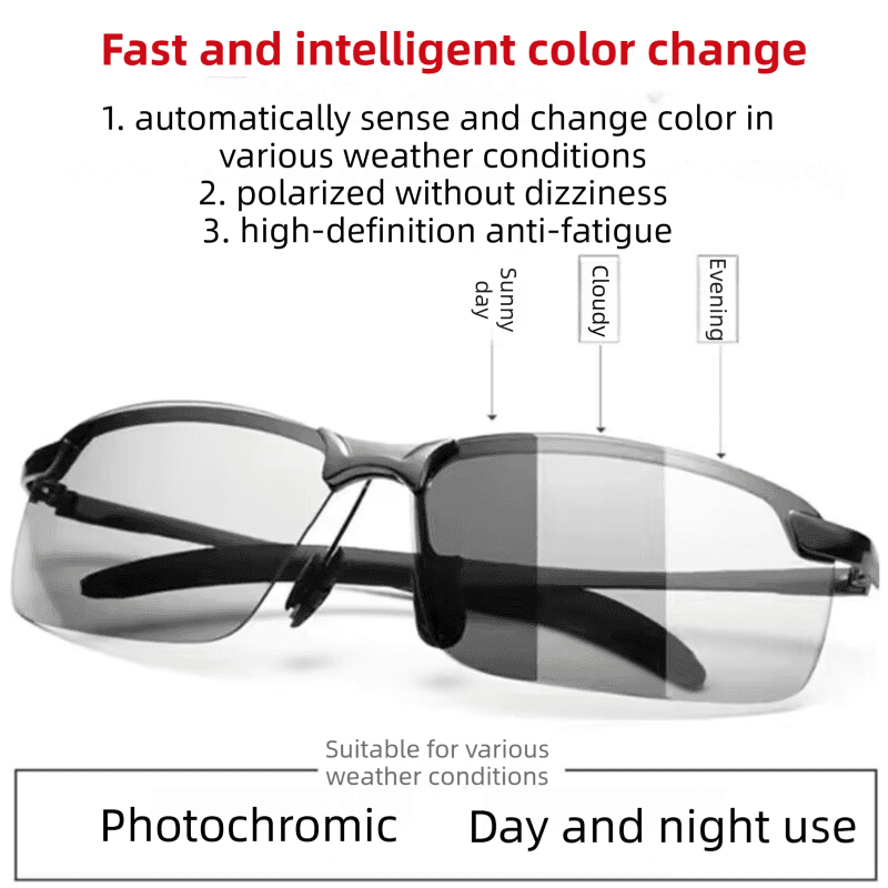 Black Photochromic HD Sunglass with Anti-Glare/Fatigue Polarization & Impact