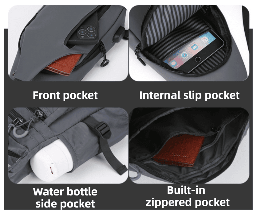 Grey Waterproof Unisex Chest Bag with USB Charging & Headphone Port