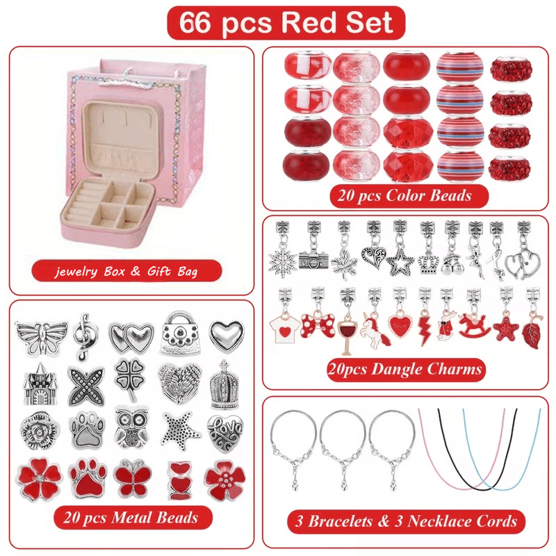 66-Piece Red Gift Bag Craft Set (Includes Beads, Charms, and Storage Case)