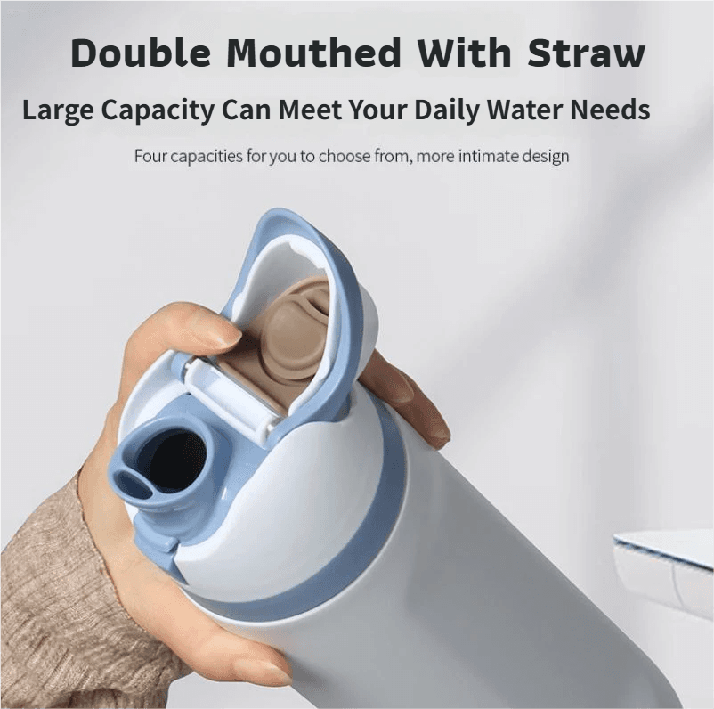 24oz White Large Thermal Water Bottle with Dual-Sipping Lid & Built-in Straw