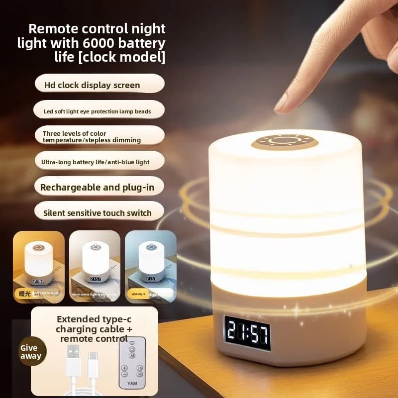 White Rechargeable LED Night Light with Remote Control Digital Clock Display