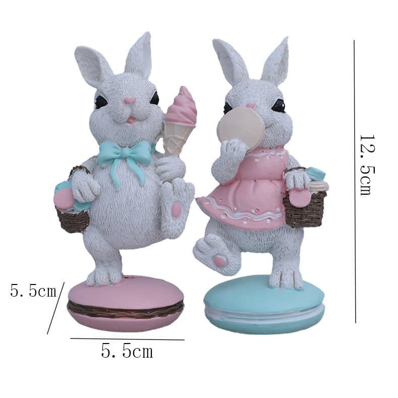 White Resin Bunny Figurines 2-Piece Set in Pastel Colors for Home Office