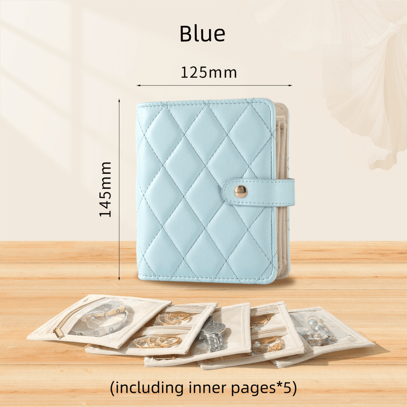 Blue Nappa Leather Anti-Oxidation Jewelry Storage Book with 5 Velvet Pouches