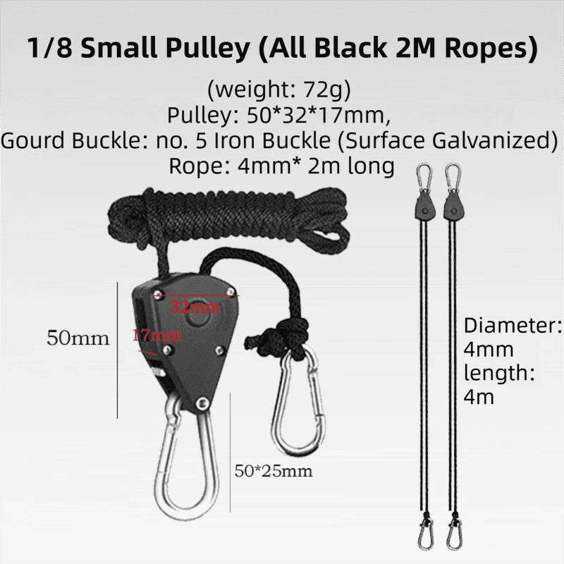 4-Pack 2M Heavy Duty Grow Light Hanger Rope Ratchet - All Black Adjustable