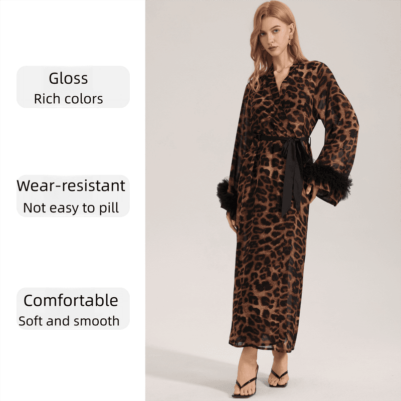 Women's Sexy Leopard Long Sleeve Print Satin Robe - Breathable Satin Chiffon
