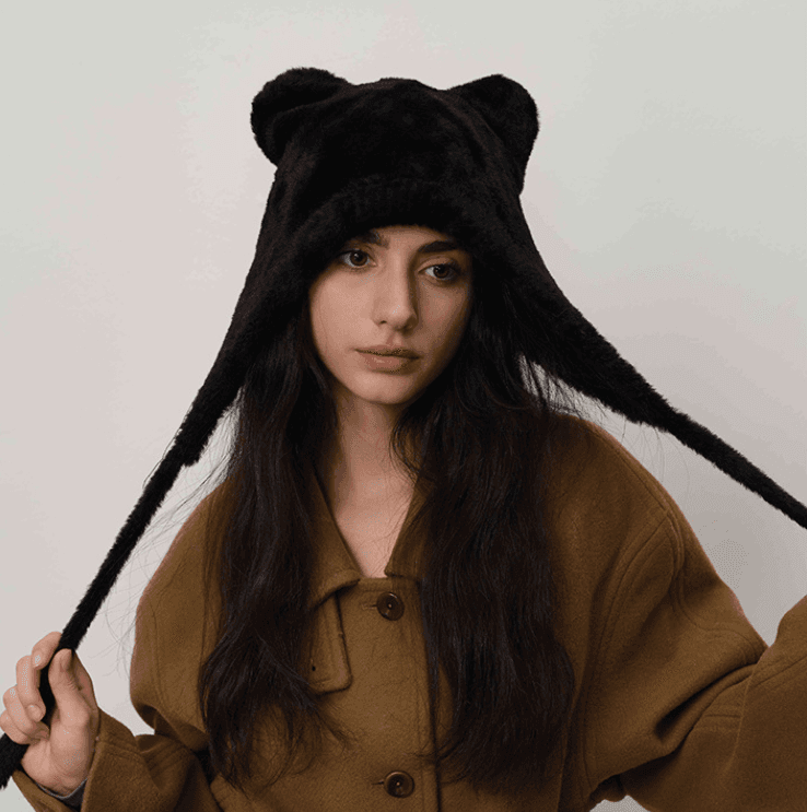 Black Fluffy Cat Ear Winter Earflap Hat Women Knitted Warm Cold Weather Cap