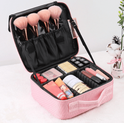 Pink Oxford Fabric Makeup Case with Mirror and Partitions - All-in-One Tool