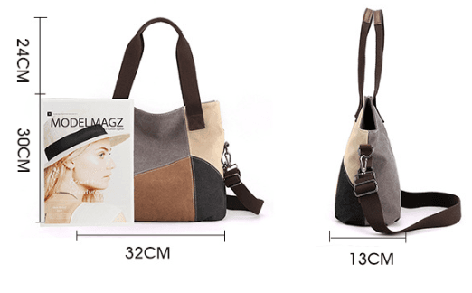 Grey Vintage Patchwork Canvas Tote Bag Large Capacity Multi-Pocket Women's