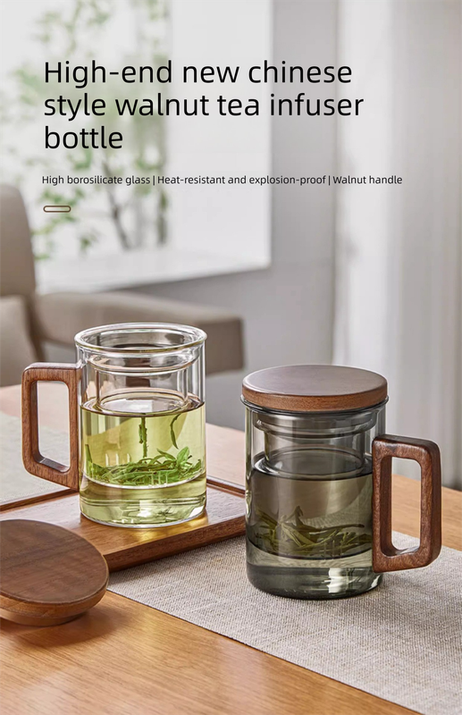 400 ml Borosilicate Glass Tea Mug with Infuser and Walnut Wood Handle Clear