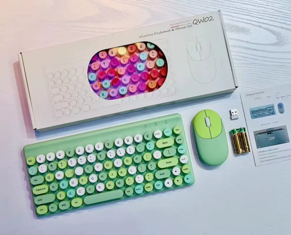 Wireless Keyboard & Mouse Combo - Retro Round Keycaps, 2.4GHz - Green