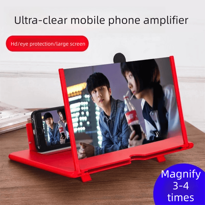 Red Portable 10-Inch Mobile Phone Screen Magnifier with Foldable Stand - 3D