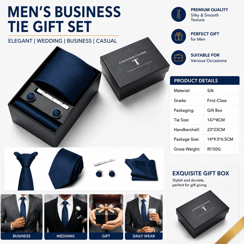 HB383 Dark Blue Men's 4-Piece Formal Tie Set - Necktie, Pocket Square