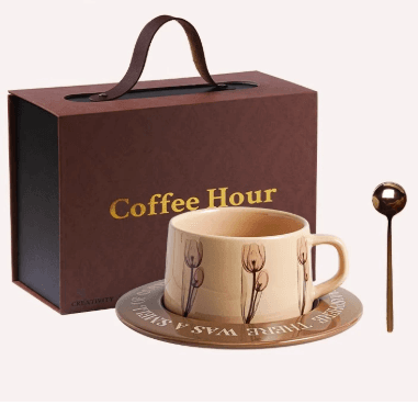 Brown Tulip Ceramic Coffee Cup & Saucer Set - Couples Gift Box, Wedding