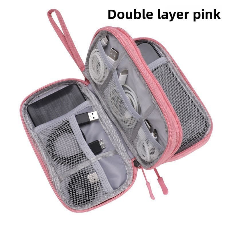 2-PCS Pink Double Layer Travel Electronics Organizer Bag Waterproof Cable