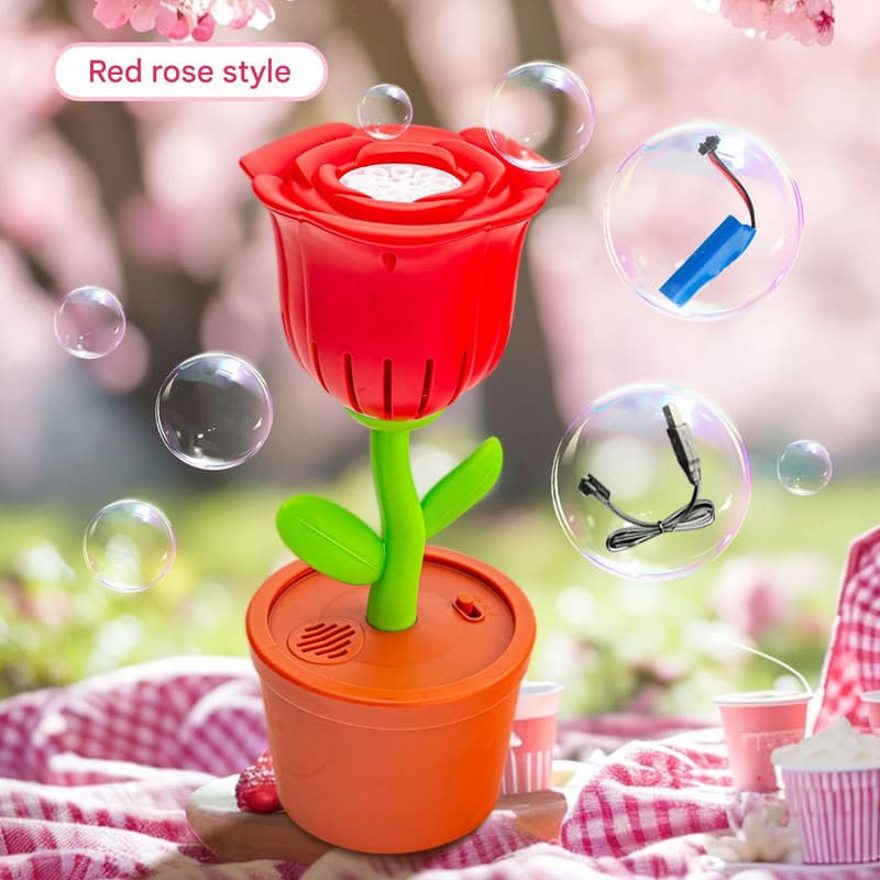 Electric Flower Bubble Machine with Music - Rechargeable, 10-Hole - Red