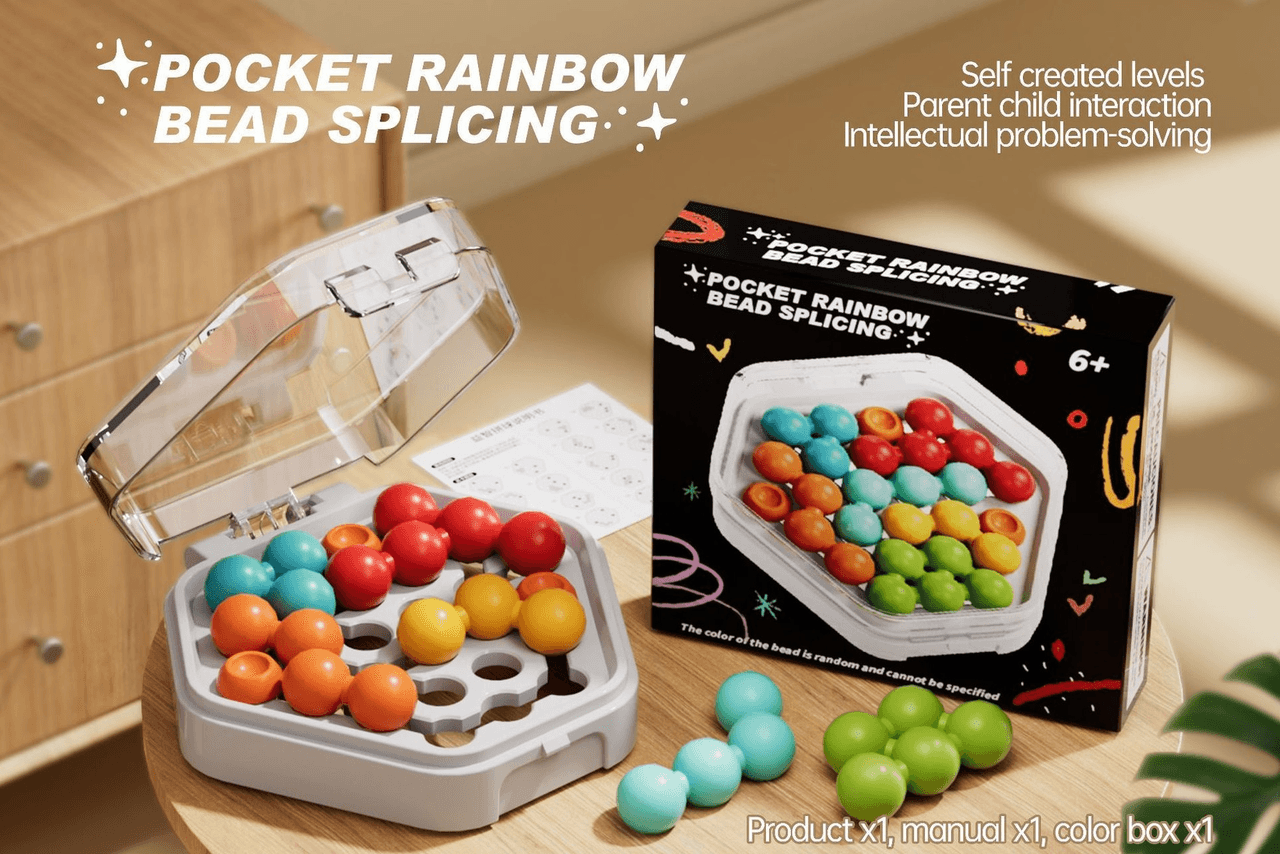 White Hexagonal Pocket Rainbow Bead Puzzle - A Mini Logic Game with Original