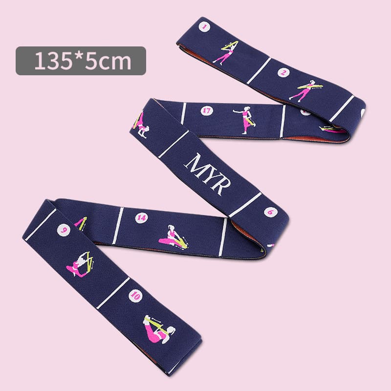 Dark Blue Instructional Yoga Stretch Strap with Embroidered Pose Guide