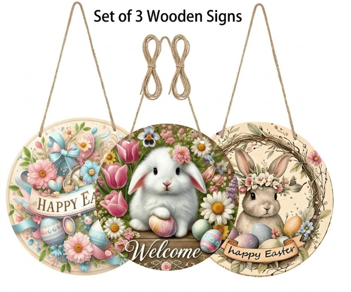 Easter Wooden Door Sign & Hanging Ornament 3-Piece Set - Happy Easter