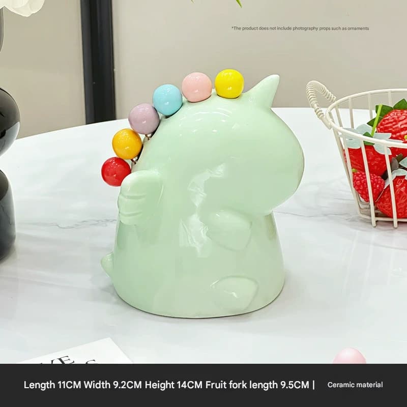 Unicorn Ceramic Fruit Fork Holder Set - Includes Stainless Steel - Green