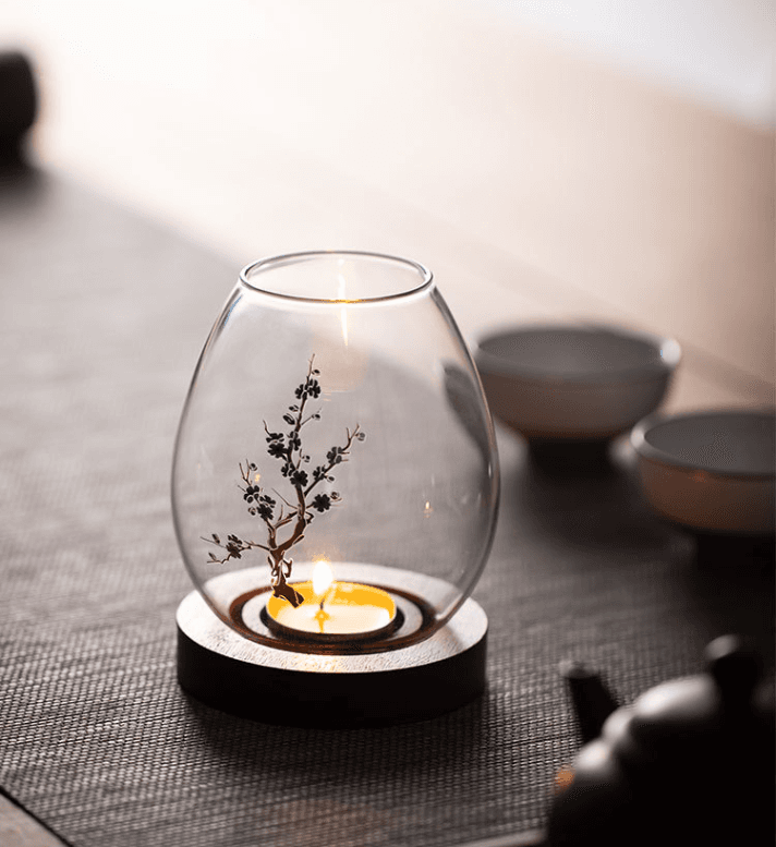 Windproof Glass Candle Cover with Wood Base - Plum blossom candlestick