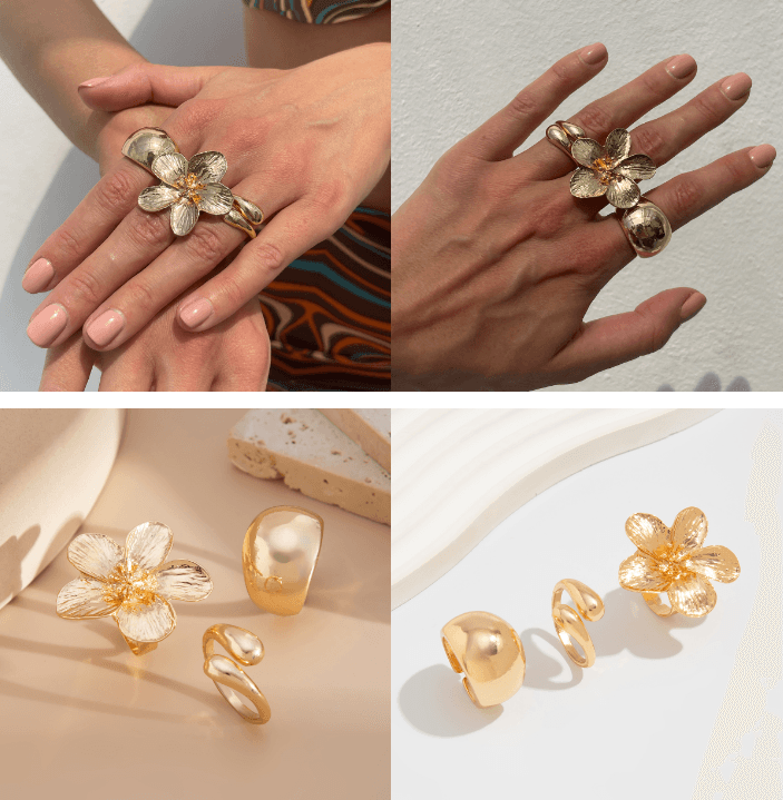 3-Piece Sculptural Gold Tone Ring Set - Large Textured Flower, Chunky Smooth