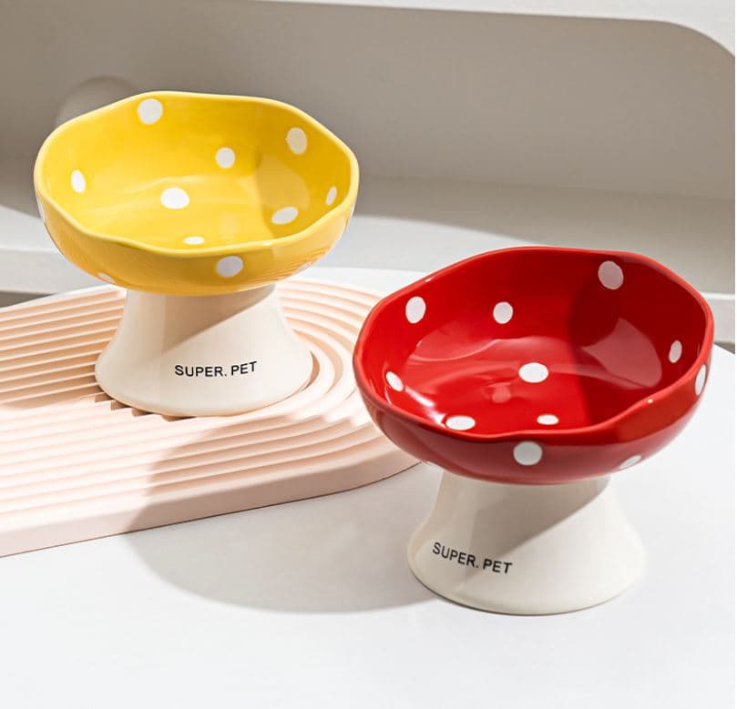 Red and Yellow Elevated 15° Tilted Ceramic Cat Bowl - Anti-Chin - Red Yellow