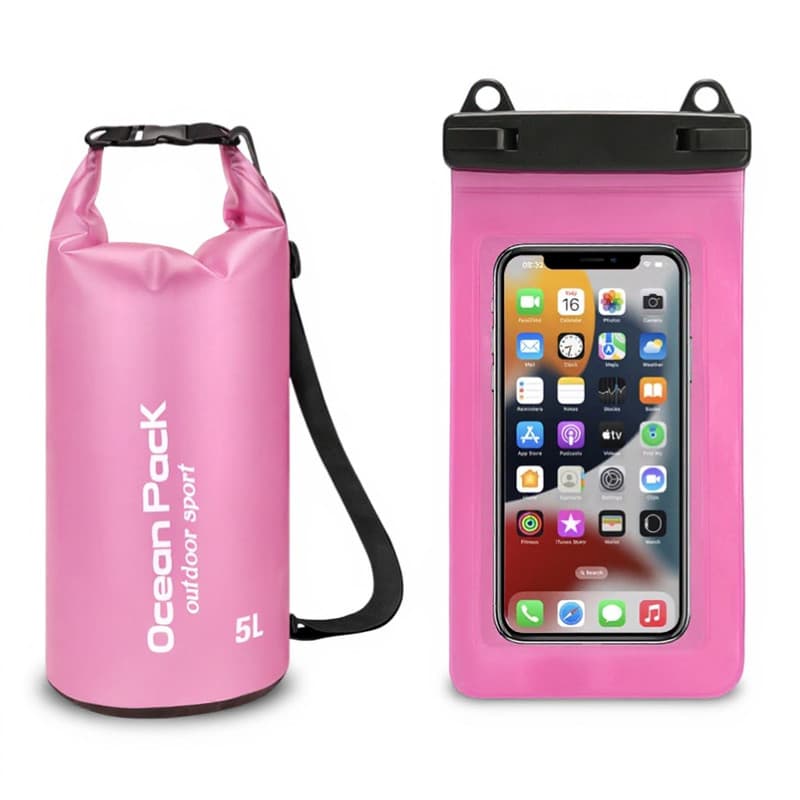 Pink 5L PVC Waterproof Swimming Bag Bonus with Waterproof Phone Pouch