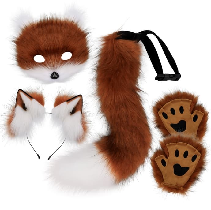 Reddish-brown Halloween Furry Fox Costume Set - Plush Mask, Ears Headband