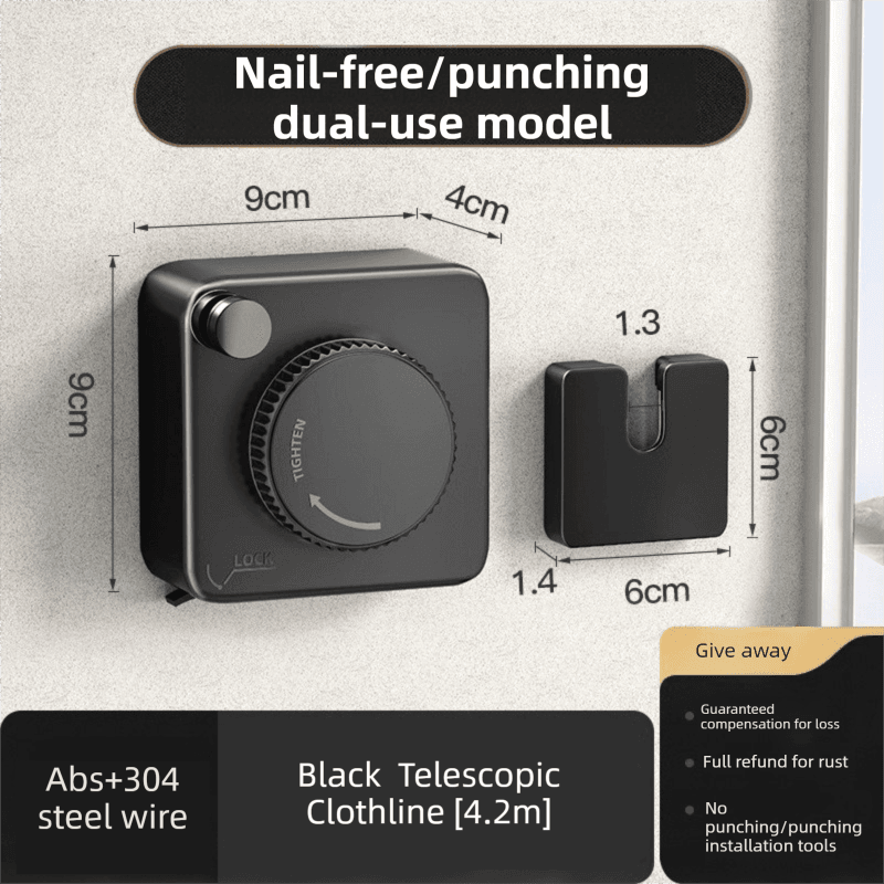 Black 4.2M Heavy Duty Invisible Retractable Clothesline - Rustproof