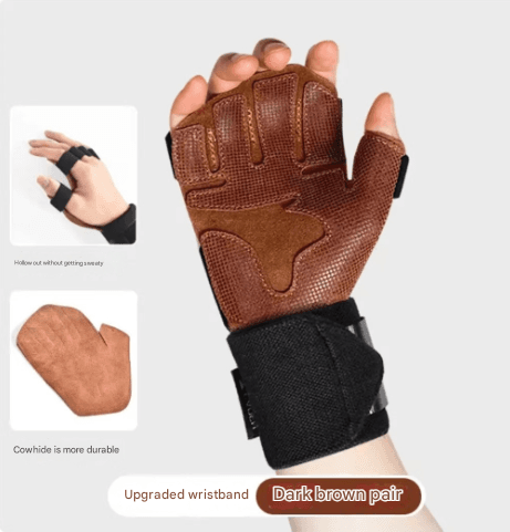 Size S Dark Brown Cowhide Leather Weightlifting Gloves with Wrist Support