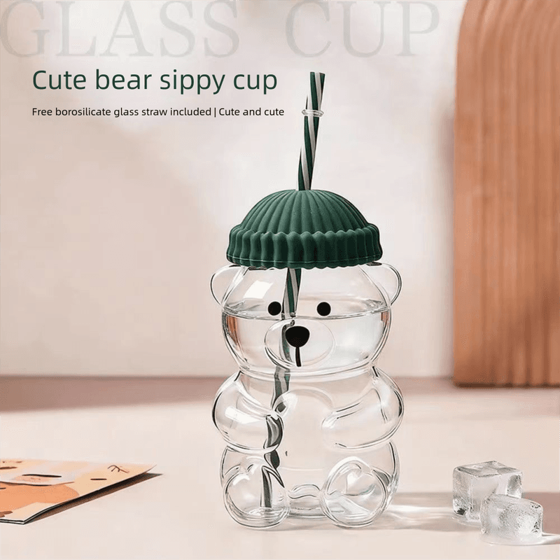 Creative Bear Shape Glass Water Bottle with Straw Cartoon Coffee Cup